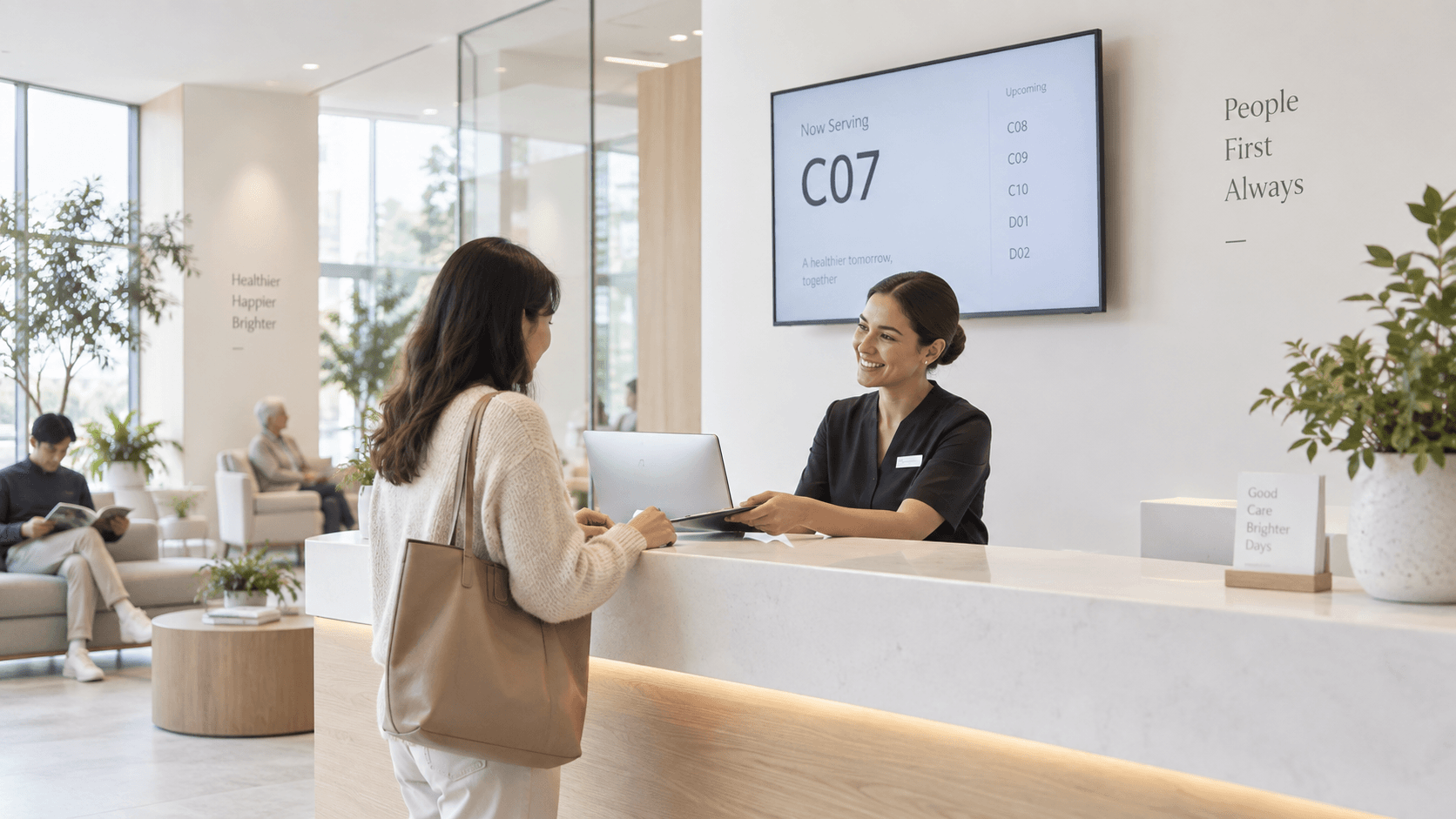 Atención presencial en recepción moderna con pantalla y sistema de turnos en tiempo real