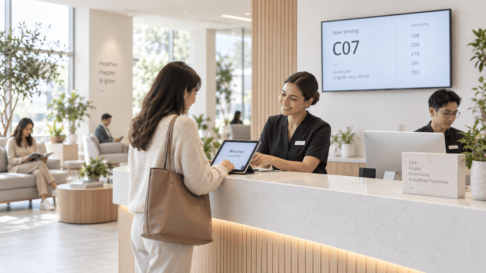 Punto de atención con HethiluQ en recepción y sala de espera